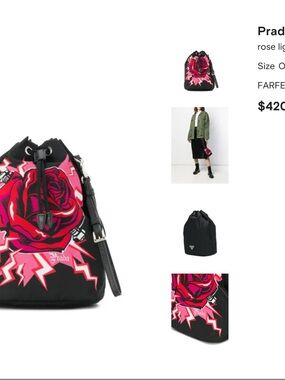 Prada Black with Pink & Red Rose Drawstring Bucket Bag